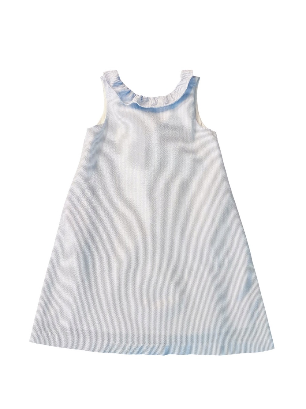Gabby Girls' Light Blue And White Ruffle Neck A-Line Seersucker Dress Size 8
